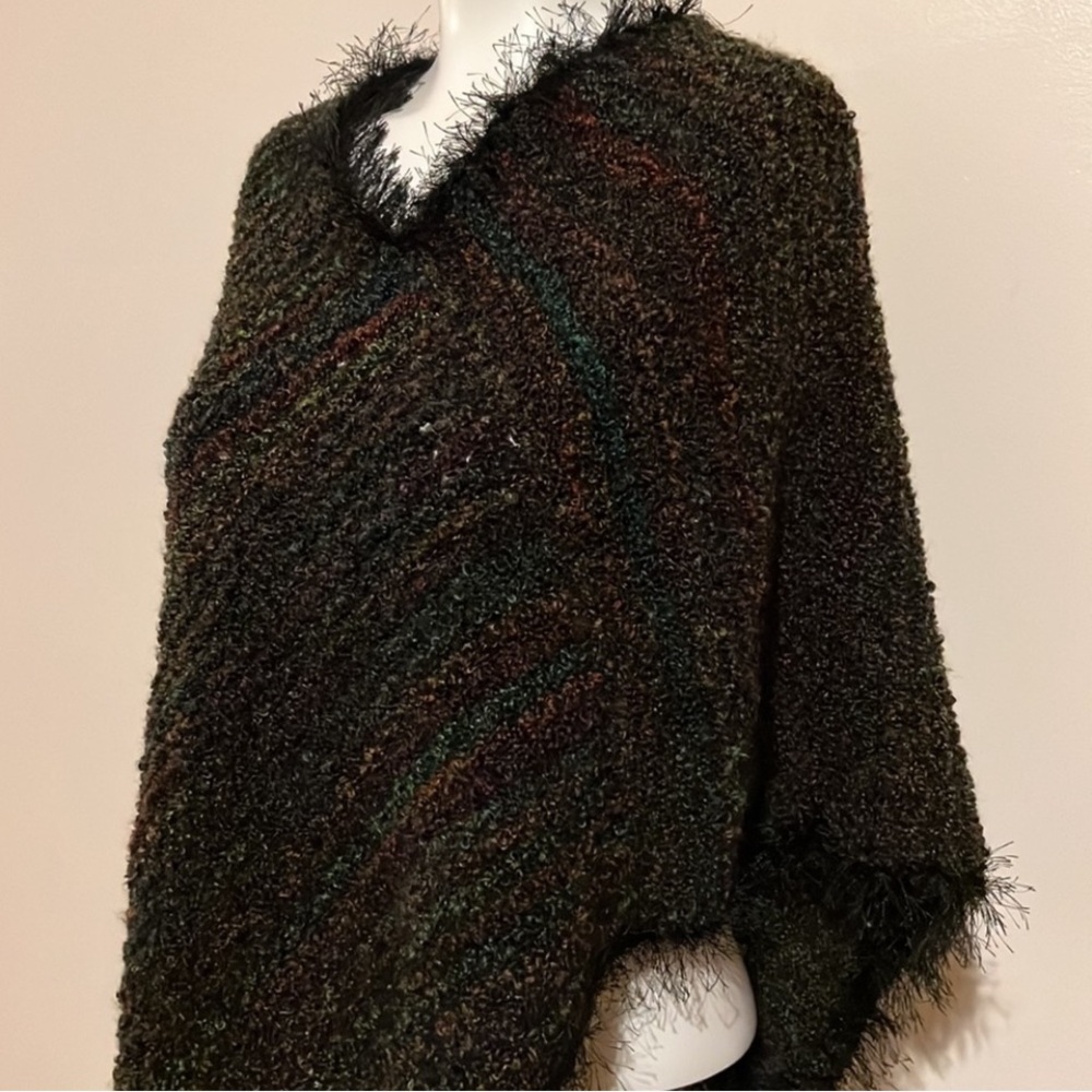 Knit Multicolor Textured Women's poncho with fringed edge handmade multicolor